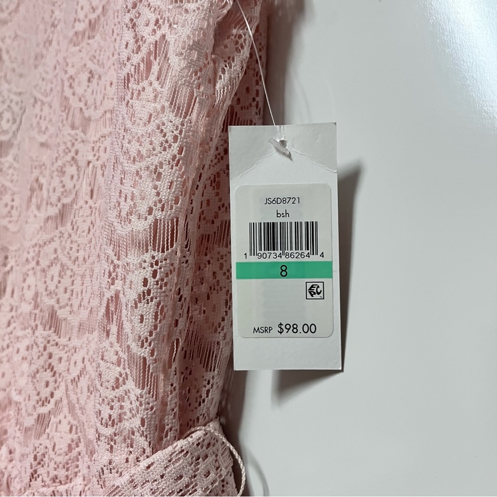 Jessica Simpson Lace Midi Dress Size 8 Blush Pink Scalloped Chain Collar Belted - Picture 15 of 16